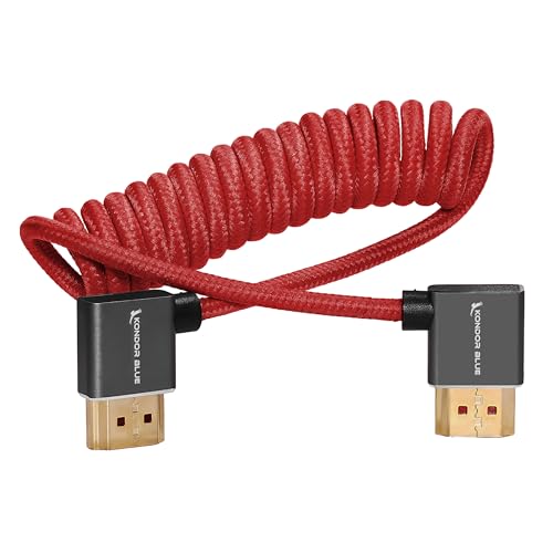 KONDOR BLUE | Right Angle Full HDMI 2.0 Coiled Cable 12"-24" Braided | Type A Male to Male, 3D, 4K 60Hz, 18Gbps, HDR | for On-Camera Monitors & Recorders + More | Red - color: Red