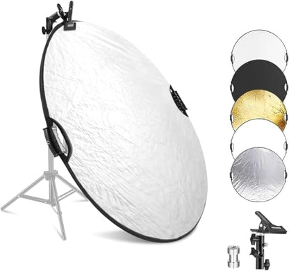 NEEWER 43"/110cm Light Reflector with Clamp & Hand Grips, 5 In 1 Collapsible Multi Disc Photography Reflector Translucent/Silver/Gold/White/Black with 3/8" Thread for Studio Outdoor Lighting, RF-110II - style: 110cm w/Clamp