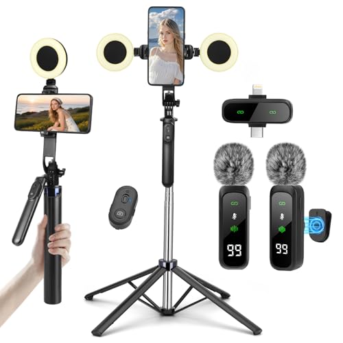 Content Creator Vlogging Kit,180CM Metal Selfie Stick Tripod with Light and Wireless Microphones,Vlogging Kit for iPhone/Android,Phone Tripod for Tiktok &YouTube Starter Kit - color: Black-SM