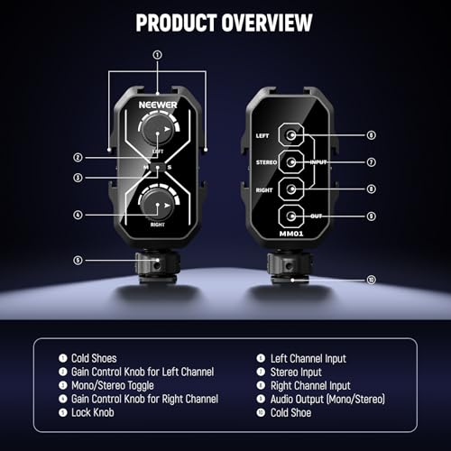 NEEWER MM01 Dual Channel Microphone Audio Mixer Adapter with 3.5mm TRS Cable, Stereo/Mono Switch, Cold Shoe Mounts for DSLR Camera, Smartphones, Battery Powered Microphones for Video Recording - style: MM01