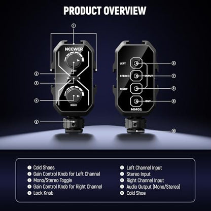NEEWER MM01 Dual Channel Microphone Audio Mixer Adapter with 3.5mm TRS Cable, Stereo/Mono Switch, Cold Shoe Mounts for DSLR Camera, Smartphones, Battery Powered Microphones for Video Recording - style: MM01