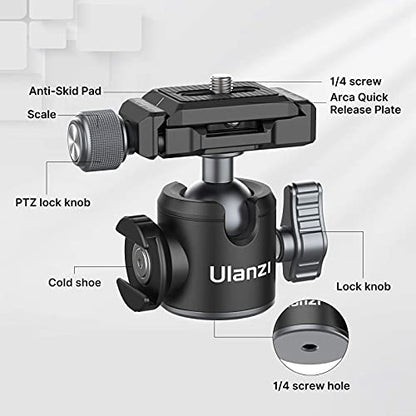ULANZI U-80L Ball Head for 1/4" Tripod - 360 Rotating Panoramic Camera Mount With Arca Quick Release Plate & Cold Shoe for DSLR, Camcorder, Monopod, Slider