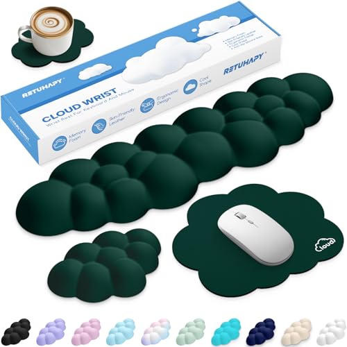 Cloud Wrist Rest Keyboard Cushion, 4-in-1 Ergonomic Cloud Keyboard Wrist Rest and Mouse Pad Set with Memory Foam Arm Support for Palm, Cute Desk Accessory for PC Gaming Setup, Dark Green - color: 11 Dark Green, size: Full Size