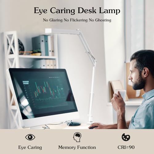 LED Desk Lamp, Manicure Table Lamp, 16" Lamp Head, Dimmable Eye-Caring Drafting Light with 3 Color Modes, 10 Brightness Levels & Adapter, Memory Function(White) - color: White