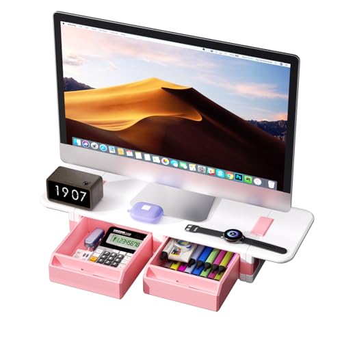 Desk Organizer and Accessories, Computer Monitor Riser Laptop Stand with Drawer Privacy Protection, Office Desk Accessories & Workspace Organizers for Office Supplies, Pink