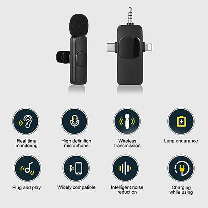 Wireless Lavalier Microphone Set, Omnidirectional High Sensitivity Pickup, Rechargeable Lithium Battery Design, One-Click Connection, Intelligent Noise Reduction, Ideal for Indoor Use