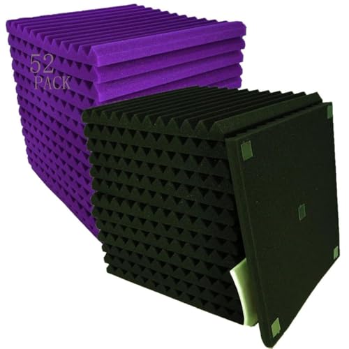 52 Pack Purple Black 1" x 12" x 12" Acoustic Wedge Studio Foam Sound Absorption Wall Panels - color: Purple/Black