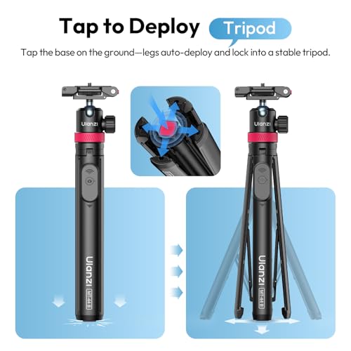 ULANZI 0.01s Auto Pop Open Phone Tripod with Remote, MT44B 59'' Selfie Stick Tripod w Dual Mount for Phone & Camera for Vlog/Live, Cell Phone Stand 360° Ball Head for iPhone Android Luna Pocket 4 - color: Black