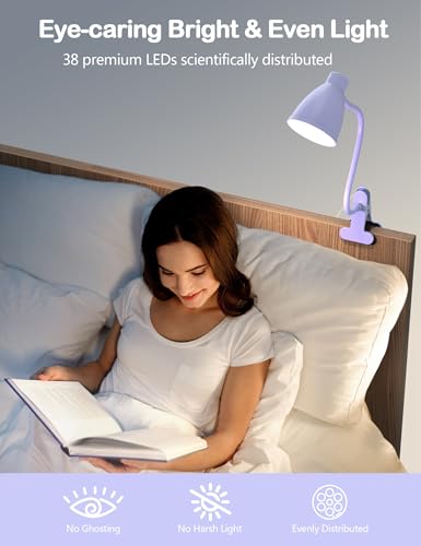 BOHON Desk Lamp with Clamp Clip on Light 5 Color 10 Brightness Lilac Purple | 10W 38 LED Flexible Gooseneck Clip Lamp, Auto Off Timer, Desk Lights for Office Home Bed Bedside Reading - color: Lilac Purple