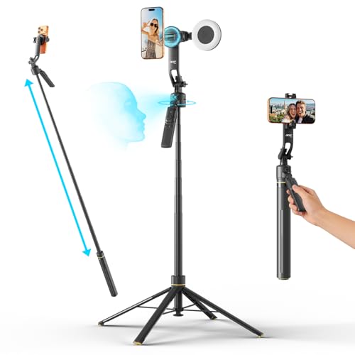Acer Gadget Auto Face Tracking Tripod for iPhone – Magnetic Phone Mount Gesture Control Detachable Mini Ring Light 64" 360 Degree AI Tracking Phone Tripod for Vlogging YouTube TikTok Video Recording - color: Dull black