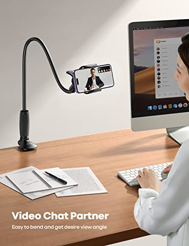 Lamicall Gooseneck Phone Holder for Bed - [Upgraded Stable Clip] for Desk, Headboard, Bed, Bedside, Table, Flexible Gooseneck Long Arm Stand, Overhead Cell Phone Clamp Mount, Gift for All 4-7” Device - color: black