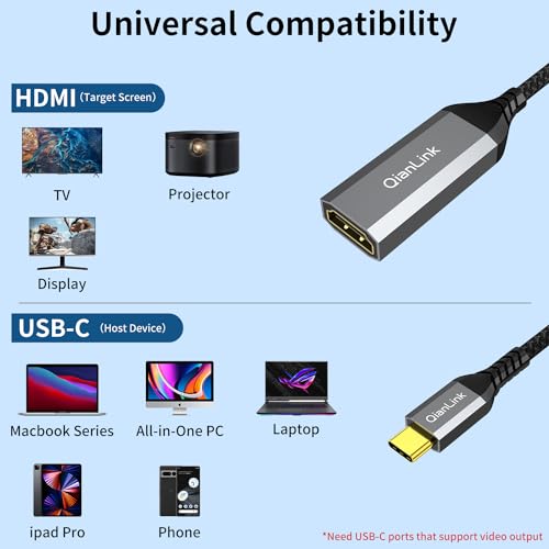 QianLink USB Type C to HDMI Adapter, USB C to HDMI 4K Cable [Thunderbolt 3/4] for MacBook Pro/Air 2023, iPhone 15 16 17 Pro Max, Dell XPS, Pixelbook, Surface, IPad Pro, iMac, XPS 17, Galaxy S25 S24