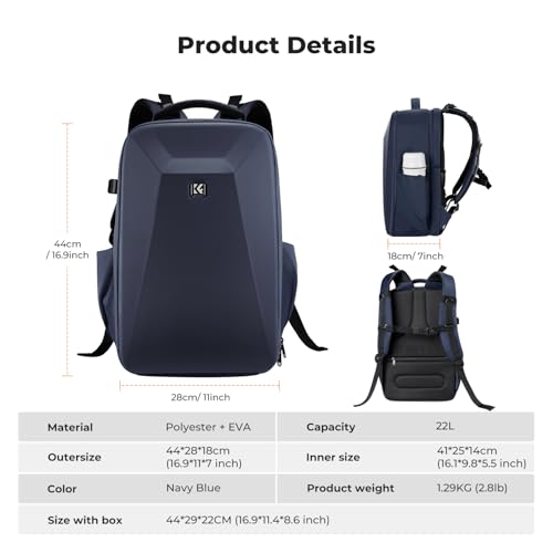 K&F CONCEPT Camera Backpack,Hardshell Photography DSLR Camera Bag with 15-15.6 Inch Laptop Compartment Hard Shell Camera Case Compatible with Canon/Nikon/Sony/DJI Mavic Drone - color: Deep Blue