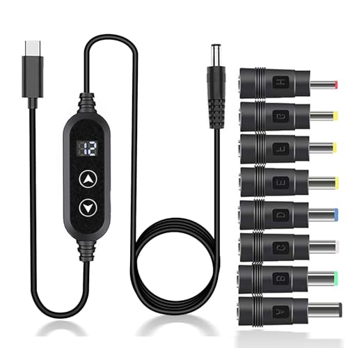 USB C to DC 5V/9V/12V/15V/20V Cable with 8 DC Conversion Heads and LED Display Screen, USB to DC Power Cable for use with PD Charger and PD Power Bank for Speakers, routers, laptops (3.9ft) - color: Black-65W usb c to dc cable