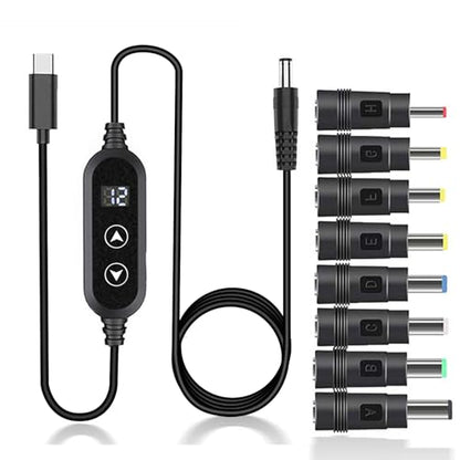 USB C to DC 5V/9V/12V/15V/20V Cable with 8 DC Conversion Heads and LED Display Screen, USB to DC Power Cable for use with PD Charger and PD Power Bank for Speakers, routers, laptops (3.9ft) - color: Black-65W usb c to dc cable