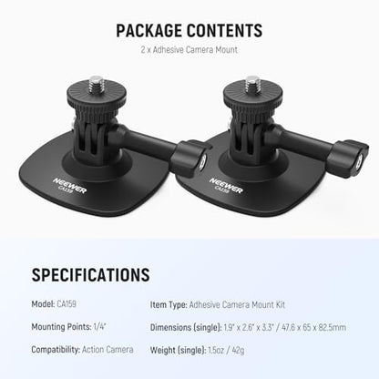 NEEWER Adhesive Mount 2 Pack Compatible with Insta 360 GoPro DJI AKASO Action Camera, 180° Flexible Car Helmet Holder Base Adapter for POV Video Recording Live Streaming, for 1/4" Accessories, CA159 - style: CA159（2-Pack）