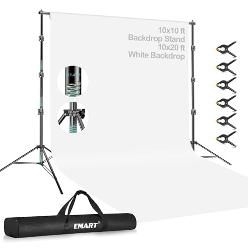 EMART Portable Photography Backdrop Stand Kit 10 x 10 ft with 10 x 20 ft White Backdrop, Adjustable Background Support System for Photo Video Studio, Photoshoot, Party, Live Game, Interviews - size: 10*10ft Stand/10*20ft Backdrop