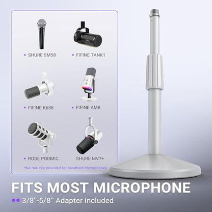 FIFINE Desktop Height-Adjustable Microphone Stand, Heavy-duty Metal Tabletop Mic Stand with Weighted Anti-Slip Slope-base, 3/8'' to 5/8'' Screw Adapter for AM8W/K688W,Podcast, Streaming, Gaming-BS2W - color: white