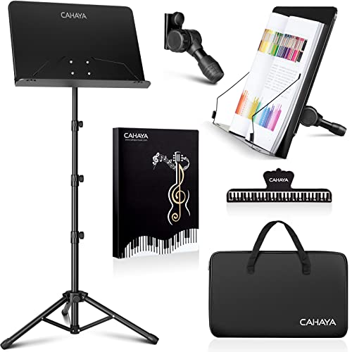 CAHAYA 5 in 1 Heightened Dual-use Sheet Music Stand & Desktop Book Stand Metal Portable Solid Back with Height Adjustable from 31.4-67in Including Carrying Bag, Sheet Music Folder & Clip CY0304 - color: Black, size: Higher Version