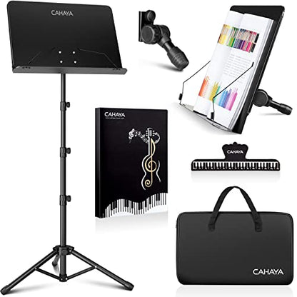 CAHAYA 5 in 1 Heightened Dual-use Sheet Music Stand & Desktop Book Stand Metal Portable Solid Back with Height Adjustable from 31.4-67in Including Carrying Bag, Sheet Music Folder & Clip CY0304 - color: Black, size: Higher Version
