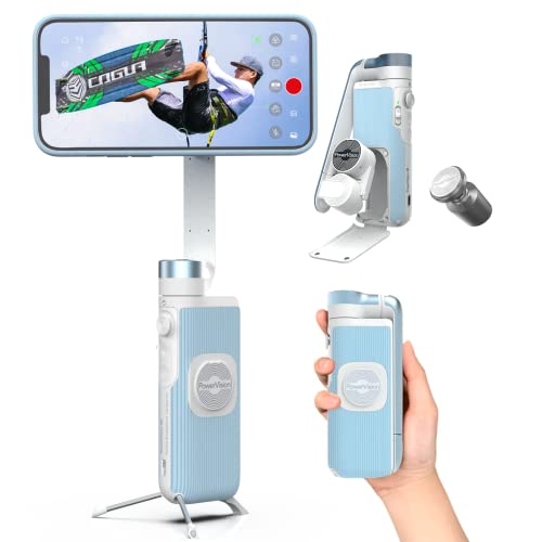 PowerVision S1,Smartphone Gimbal - Portable, Wireless Charging, 3-Axis Stabilization, Face Tracking, Gesture Control, Anti-Shake, Compatible with YouTube/TikTok/Vlogging (Car Mount Kit, Blue)
