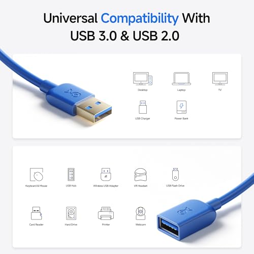 Cable Matters 5Gbps Long USB Extension Cable - 10ft, USB 3.0 Extension Cable, Male to Female USB3.0 Extender, Compatible with Webcam, VR Headset, Printer, Hard Drive, Blue - color: Blue, size: 10 Feet, style: 1-Pack