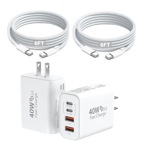 2Pack iPhone 17 16 15 Pro Max Fast Charging Block,6FT USB C to C Woven Cable Cord 40W USB C Apple Charger 4 Port PD&AC Charger Block Fast Charging for iPhone 17 Air/16e/17/16 /15 Plus/Pro/Pro Max/iPad - size: 6FT C-C