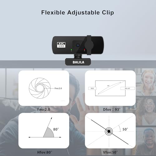 4K Webcam for PC/Laptop/Mac, 2 Mics Noise Reduction, Fixed Focus, 90° FOV, Auto Light Correction, Privacy Cover, Plug & Play USB Computer Camera for Zoom/Teams/Facetime/YouTube/Google Meet