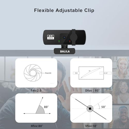 4K Webcam for PC/Laptop/Mac, 2 Mics Noise Reduction, Fixed Focus, 90° FOV, Auto Light Correction, Privacy Cover, Plug & Play USB Computer Camera for Zoom/Teams/Facetime/YouTube/Google Meet
