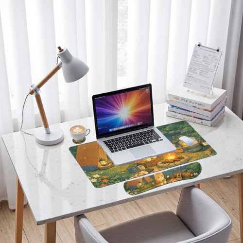 Cute Cat Desk Mat Set Cozy Camping Large Mouse Pad with Wrist Rest 4in1 Desk Mat for Desktop Ergonomic Computer Desk Arm Wrist Anti-Slip Computer Ergonomic Mouse Pad Home Office Gaming - color: Cute Cat