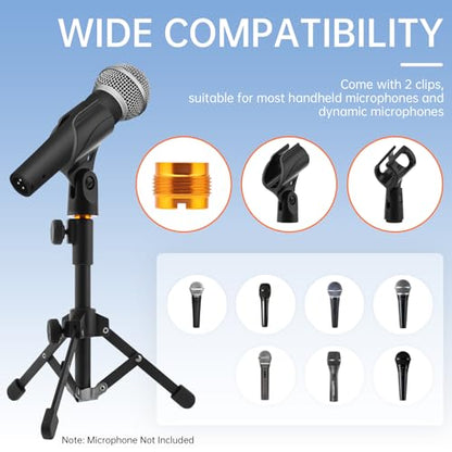 Desktop Mic Stand Aluminum Alloy Microphone Stand for Desk Foldable Adjustable Height Table Mic Stand Dynamic Microphones with 2 Mic Clips, for Singing Recording Streaming
