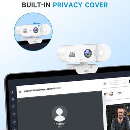 AOC White 4k Webcam for PC with Microphone, Computer Camera with Noise Cancellation, Privacy Cover, 99° FOV, Plug & Play USB Webcam for Streaming, Conferencing, Zoom, Skype, Facetime - color: white