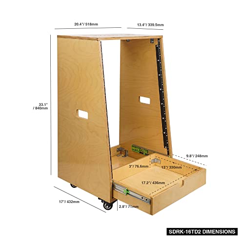 Sound Town DIY 16U Slanted Recording Studio Rack with Extra 2U Drawer, Rubber Feet & Casters, Solid Baltic Birch Plywood Audio Equipment Rack, Golden Oak (SDRK-16TD2) - size: 16U, Golden Oak, Slanted w/ Drawer