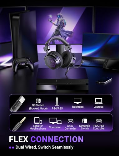 FIFINE Open Back Gaming Headset with 7.1 Surround Sound - Expansive Open Audio - USB/3.5mm Dual Wired Connection - Detachable Mic for PC, PS5, PS4, Laptop, Mac, Xbox, Mobile - Ampligame H18V Lite BP - color: Black and purple
