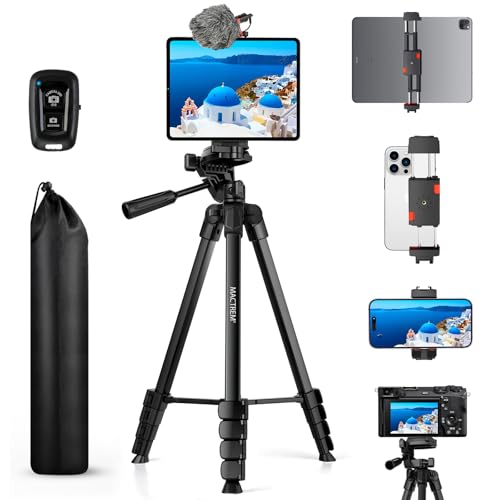 MACTREM 67" iPad Tripod Stand for Tablet Phone Camera with Remote Mount | 2-In-1 Holder Fits Ipad/Iphone Up To 12.9",Aluminum Extendable 17.7-67in,Remote 33ft, Video Recording/Vlogging,1/4" Screw - color: Black