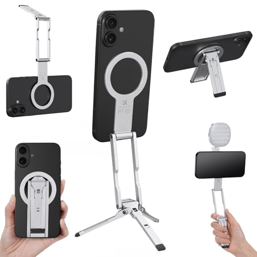K&F CONCEPT 7mm 59g Magnetic Phone Stand, Foldable Selfie Stick for iPhone, Dual-Sided Magnets Mini Tripod Pocket Cell Phone Stand with Hook, Compatible with iPhone 17-12 Series Android Phones - color: Silver