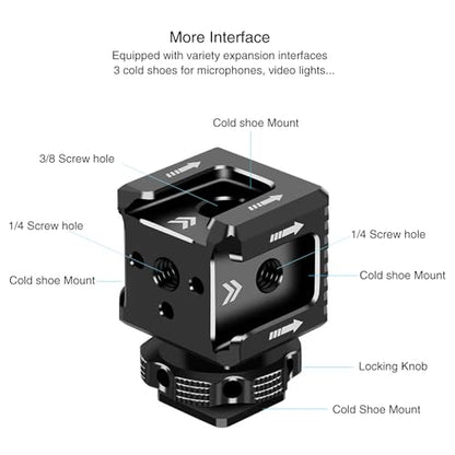 3 Port Cold Shoe Mount with 1/4"-20 Thread for Camera Cage Flash LED Monitor Microphone etc., Aluminum Camera Triple Cold Shoe Extension Bracket Compatible with Nikon, Canon, Sony..DSLR/SLR