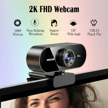 2K Webcam for PC/Laptop, USB Webcam with Microphone, Noise Cancellation, Support Beauty, Plug & Play with Auto Light Correction for Video Calls, Live Streaming Gaming & Online Meetings - size: 2K