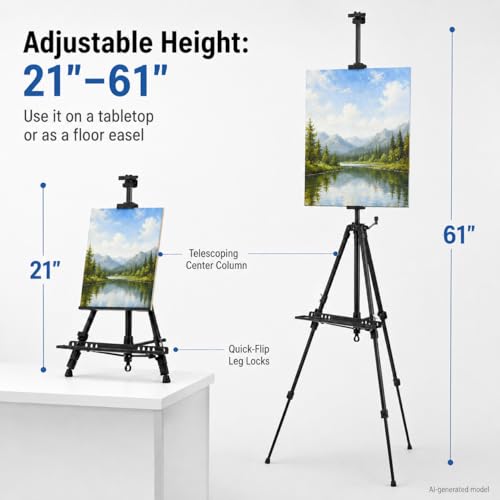 RRFTOK 21-61 Inch Adjustable Art Easel Stand for Painting with Tray | Portable metal easel with paintbrush tray for painting, canvas holder, artists, adults and floor use - style: 61B 1-Pack