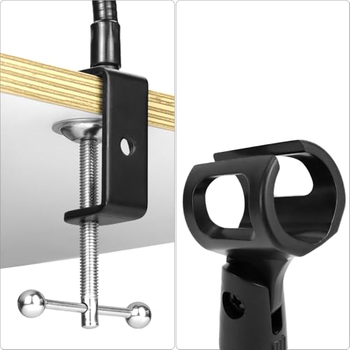 QWORK Gooseneck Microphone Stand 13 Inch, Clamp-On Desktop Mic Stand with 360° Flexible Arm, Heavy-Duty Desk Mount, 3/8" to 5/8" Adapter & Mic Clip for Podcasting, Streaming, Podium