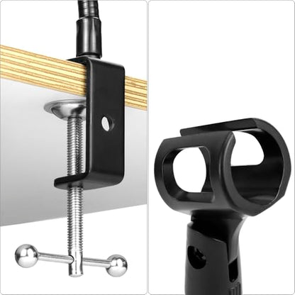 QWORK Gooseneck Microphone Stand 13 Inch, Clamp-On Desktop Mic Stand with 360° Flexible Arm, Heavy-Duty Desk Mount, 3/8" to 5/8" Adapter & Mic Clip for Podcasting, Streaming, Podium