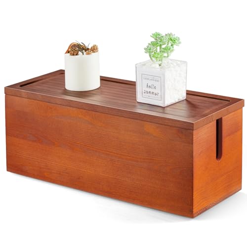 Large Cable Management Box, Wooden Cord Organizer Box for Desk, Floor, Office to Hide Extension Cords Power Stripes Surge Protectors Chargers Wires, Red Brown - color: Brown, size: Large
