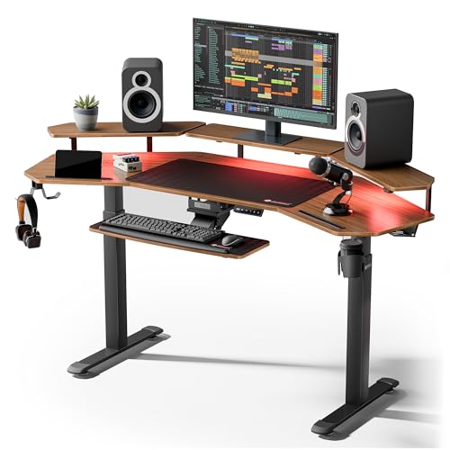 EUREKA ERGONOMIC 72" Standing Desk, Adjustable Height Dual Motor Computer Desk with Keyboard Tray & LED Monitor Stand, Gaming Music Studio Workstation, Slot Design, Deep Walnut - color: Deep Walnut, size: 72"W x 35"H-Adjustable