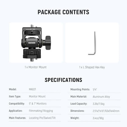NEEWER Field Monitor Mount Monitor Holder with 1/4" Screw, 360° Swivel, 180° Tilt, Anti Twist Screw Compatible with Atomos Ninja 5" & 7" Camera Monitor Compatible with SmallRig Camera Cage, MA021 - style: MA021 w/1/4" Screw