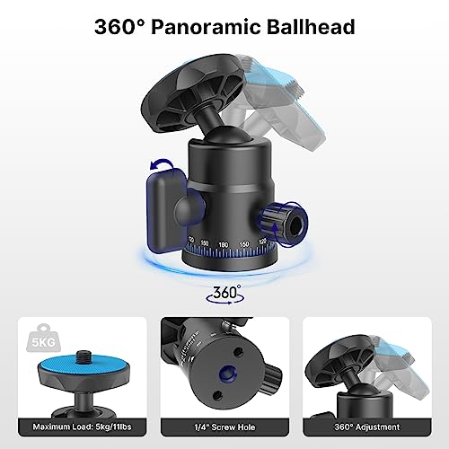 Kaitezenz Mini Ball Head, Panoramic Camera Tripod Head with 1/4" Screw and Dual Hot Shoe Mount, 360 Rotatable Metal Adapter for DSLR Camera Tripods Monopods Camcorder Light Microphone, Max Load 5.5lbs