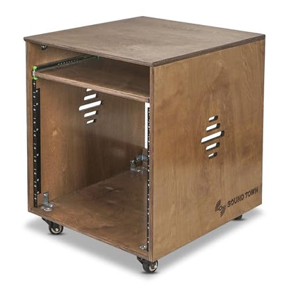 Sound Town 10U Solid Baltic Birch Plywood Studio Rack Desk with Slide-Out Tray, Rubber Feet, Casters, for Recording, Podcasts, Broadcasts, Streaming, Weathered Brown (SDRK-ST10B) - size: 10U, Weathered Brown w/ Tray