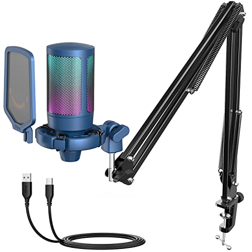FIFINE USB Gaming Streaming Recording PC Microphone Kit, RGB Condenser Computer Mic Bundle for Podcasts, Audio, Vocal, Video on Mac/Desktop/Laptop, with Boom Arm Stand-A6T Blue - color: Blue