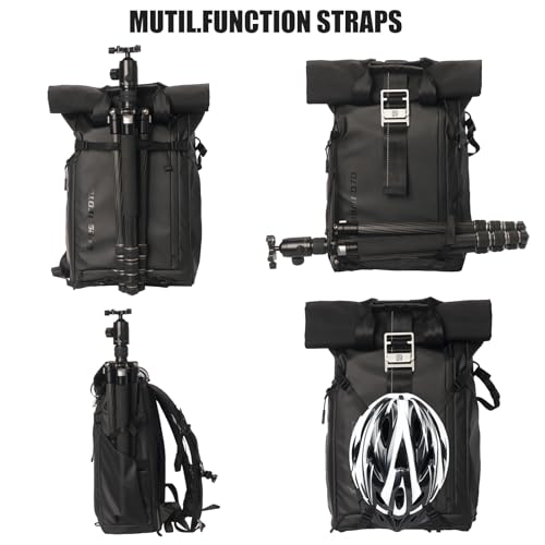Besnfoto Waterproof Camera Backpack, Rolltop Photography Bag for Photographers, Expandable DSLR Mirrorless Case with 15.6" Laptop Compartment, Quick Side Access & Tripod Holder for Hiking Travel - color: Black Ii