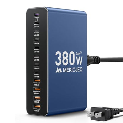MEKIOJEO 12 Ports Aluminum Alloy 380W Charging Station Fast USB C Charger Block 65W Laptop GaN Charger for MacBook Pro/Air/iPad Pro/iPhone (Blue) - color: Blue