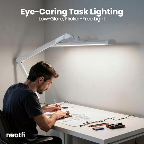 Neatfi Ultra 3,500 Lumens LED Desk Lamp with Base– 45W, 270 SMD LEDs, Shadow-Free | Adjustable Brightness | Non-Flickering Task Light for Nail, Craft & Office (White-3, 26-Inch Wide Shade) - color: White-3